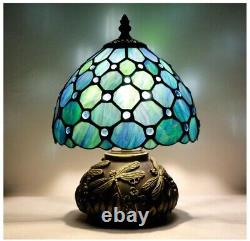 Small Tiffany Lamp Sea Blue Stained Glass Pearl Style Table Lamp, Bronze Mushroom