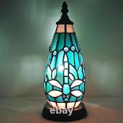 Small Tiffany Lamp Stained Glass Table Lamp 4.5X4.5X11 Inch-Sea Blue Dragonfly