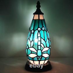 Small Tiffany Lamp Stained Glass Table Lamp 4.5X4.5X11 Inch-Sea Blue Dragonfly