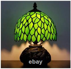 Small Tiffany Lamp W8H11 Inch Green Leaf Style Stained Glass Table Lamp Bronze