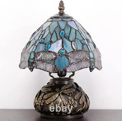 Small Tiffany Lamp W8H11 Inch Sea Blue Stained Glass Dragonfly Style Table Lamp