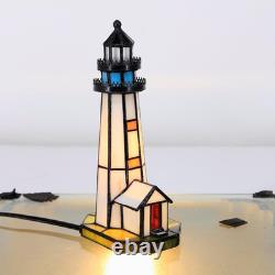 Small Tiffany Lighthouse White Stained Glass Mini Desk Lamp Accent Night Light f