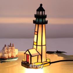 Small Tiffany Lighthouse White Stained Glass Mini Desk Lamp Accent Night Light f