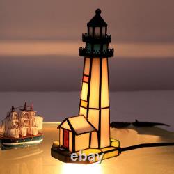 Small Tiffany Lighthouse White Stained Glass Mini Desk Lamp Accent Night Light f