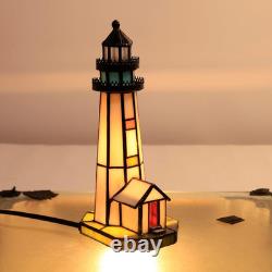 Small Tiffany Lighthouse White Stained Glass Mini Desk Lamp Accent Night Light f