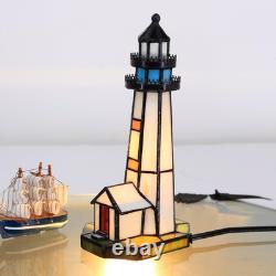 Small Tiffany Lighthouse White Stained Glass Mini Desk Lamp Accent Night Light f