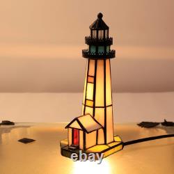 Small Tiffany Lighthouse White Stained Glass Mini Desk Lamp Accent Night Light f