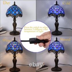 Small Tiffany Style Table Lamp, 8 inch Blue Stained Glass 3-Color-Temperature