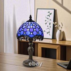 Small Tiffany Style Table Lamp, 8 inch Blue Stained Glass 3-Color-Temperature