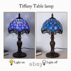 Small Tiffany Style Table Lamp, 8 inch Blue Stained Glass 3-Color-Temperature