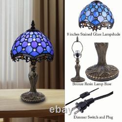 Small Tiffany Style Table Lamp, 8 inch Blue Stained Glass 3-Color-Temperature