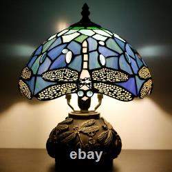Small Tiffany Table Lamp Blue Dragonfly Style Stained Glass Desk Lamp 10X11.5 In