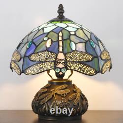 Small Tiffany Table Lamp Blue Dragonfly Style Stained Glass Desk Lamp 10X11.5 In