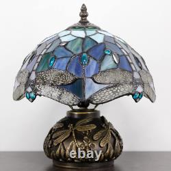 Small Tiffany Table Lamp Blue Dragonfly Style Stained Glass Desk Lamp 10X11.5 In