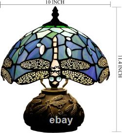 Small Tiffany Table Lamp Blue Dragonfly Style Stained Glass Desk Lamp 10X11.5 In