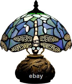 Small Tiffany Table Lamp Blue Dragonfly Style Stained Glass Desk Lamp 10X11.5 In