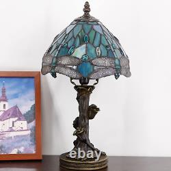 Small Tiffany Table Lamp Sea Blue Stained Glass Dragonfly Style Mini Accent Desk