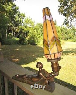 So cool Art Deco Laying Lady Woman lamp light With Stained glass shade Unique