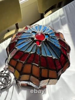 Stained Glass And Metal Lamp Dated 2007 Weighty And Well Crafted