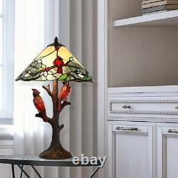 Stained Glass Cardinal Table Lamp Tri-Lit Accent Light Tiffany Style Resin Base