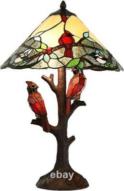 Stained Glass Cardinal Table Lamp Tri-Lit Accent Light Tiffany Style Resin Base