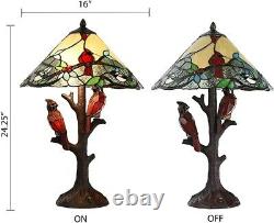 Stained Glass Cardinal Table Lamp Tri-Lit Accent Light Tiffany Style Resin Base