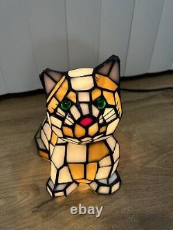 Stained Glass Cat Lamp Bobble Head Tiffany Style Light Orange White Night Light