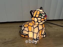 Stained Glass Cat Lamp Bobble Head Tiffany Style Light Orange White Night Light