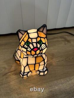 Stained Glass Cat Lamp Bobble Head Tiffany Style Light Orange White Night Light