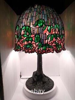 Stained Glass Lamp Lotus shade and tree trunk base. Unknown maker 29? 75cm