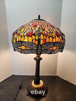 Stained Glass Shade with Dragonfly Table Lamp Pull Chain Metal Base 17 Shade