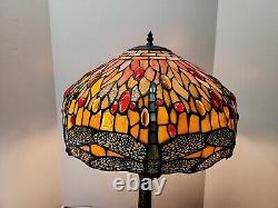 Stained Glass Shade with Dragonfly Table Lamp Pull Chain Metal Base 17 Shade