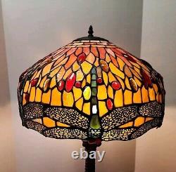 Stained Glass Shade with Dragonfly Table Lamp Pull Chain Metal Base 17 Shade