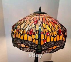 Stained Glass Shade with Dragonfly Table Lamp Pull Chain Metal Base 17 Shade