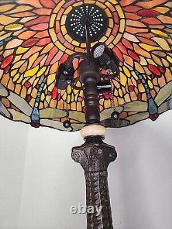 Stained Glass Shade with Dragonfly Table Lamp Pull Chain Metal Base 17 Shade