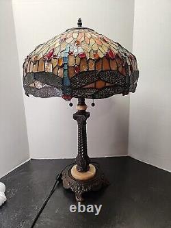 Stained Glass Shade with Dragonfly Table Lamp Pull Chain Metal Base 17 Shade