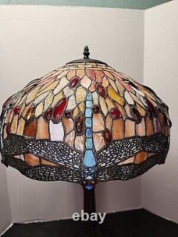 Stained Glass Shade with Dragonfly Table Lamp Pull Chain Metal Base 17 Shade