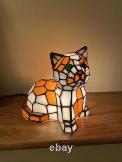 Stained Glass Small Kitty Cat Lamp Night Light Tiffany Style Calico Green Eyes