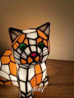Stained Glass Small Kitty Cat Lamp Night Light Tiffany Style Calico Green Eyes