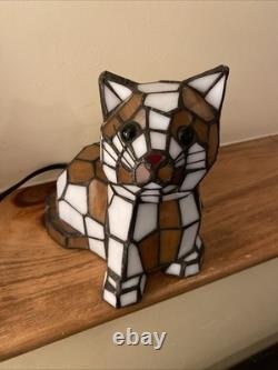 Stained Glass Small Kitty Cat Lamp Night Light Tiffany Style Calico Green Eyes