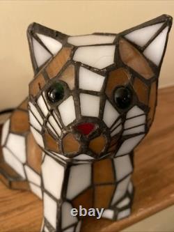 Stained Glass Small Kitty Cat Lamp Night Light Tiffany Style Calico Green Eyes