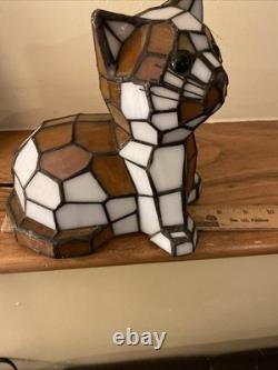 Stained Glass Small Kitty Cat Lamp Night Light Tiffany Style Calico Green Eyes
