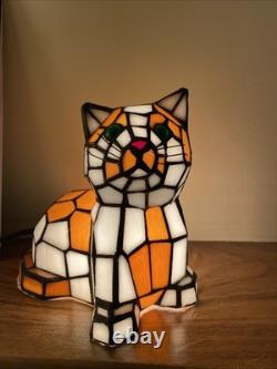 Stained Glass Small Kitty Cat Lamp Night Light Tiffany Style Calico Green Eyes
