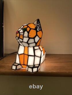 Stained Glass Small Kitty Cat Lamp Night Light Tiffany Style Calico Green Eyes
