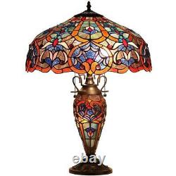 Stained Glass Table Lamp Victorian Theme Design Double-Lit Dark Bronze Finish