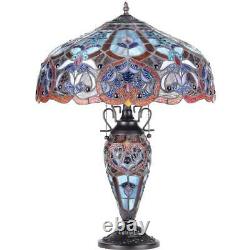 Stained Glass Table Lamp Victorian Theme Design Double-Lit Dark Bronze Finish