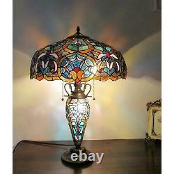 Stained Glass Table Lamp Victorian Theme Design Double-Lit Dark Bronze Finish