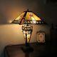 Stained Glass Tiffany-style Amber & Sapphire Blue Double Lit Table Lamp 16 Wide