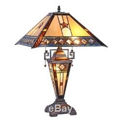 Stained Glass Tiffany-Style Amber & Sapphire Blue Double Lit Table Lamp 16 Wide
