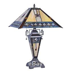 Stained Glass Tiffany-Style Amber & Sapphire Blue Double Lit Table Lamp 16 Wide